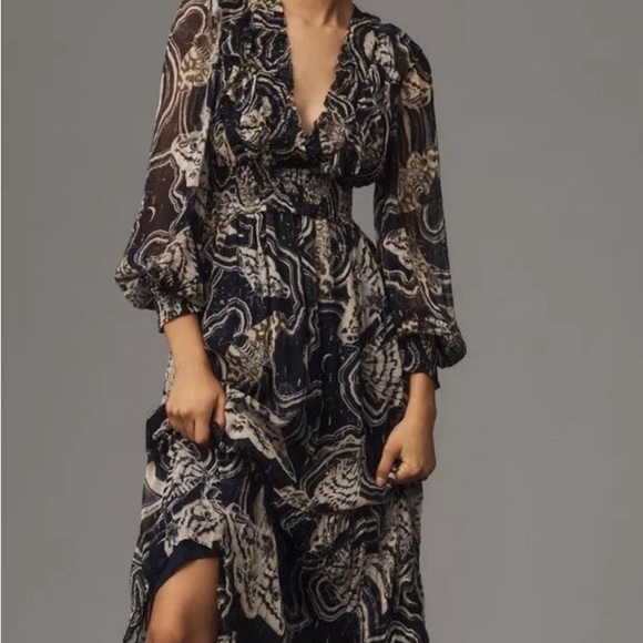 ANTHROPOLOGIE PRINTER JOHNSON Long Sleeve V-neck midi dress NWT 2x - Picture 2 of 9